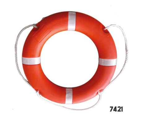 LIFE BUOY RING - 2.5 KG • OD: 70 CM • ID: 44 CM PLASTIC WITH REFLECTING TAPE AND GRABLINE.